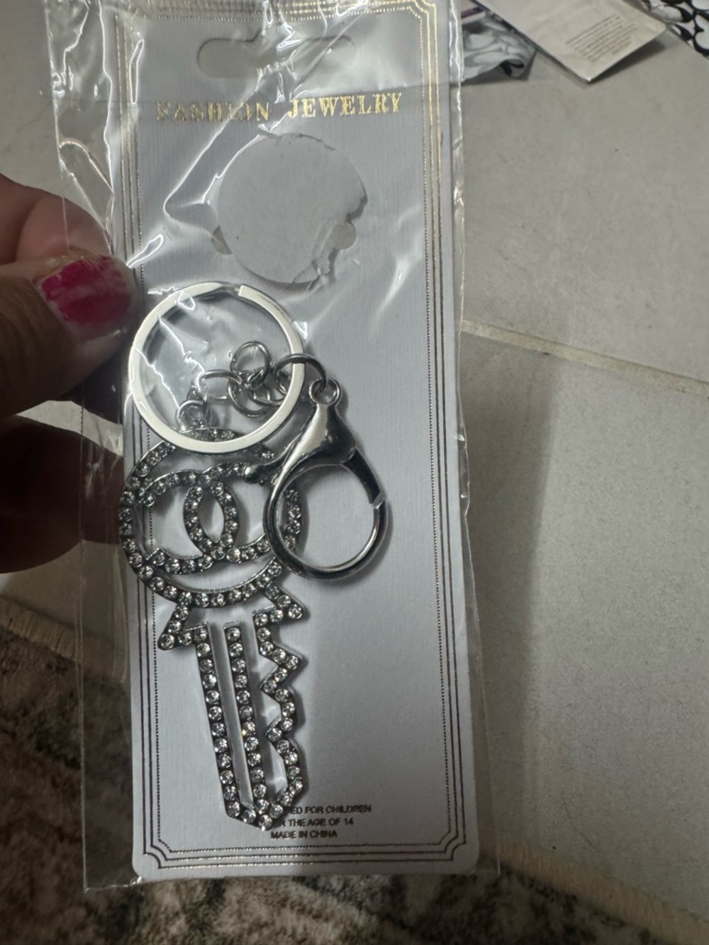 Rhinestone Key Charm Keychain - Silver bag charm